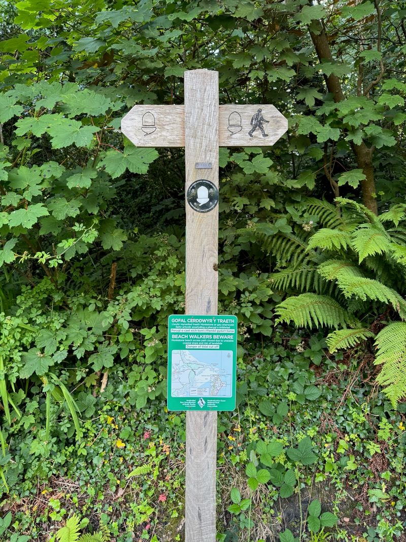 Wooden post with two signs at the top pointing the direction of the trail