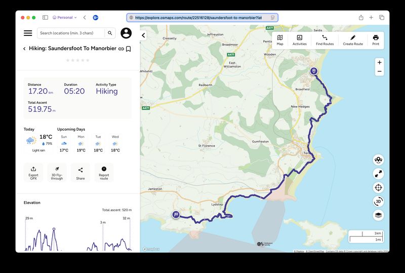 Screenshot of the Oridnance Survey website showing our path from Saundersfoot to Manorbier