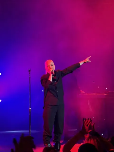 Shirley Manson centre stage in a black suit, holding a microphone and pointing out to the crowd, lit by purple and pink haze lighting, with audience hands raised in the foreground.