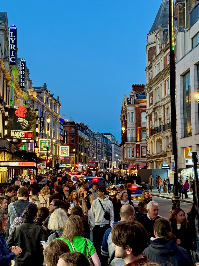 Looking down Shaftesbury Avenue over the crowds of people waiting to be let into the theaters