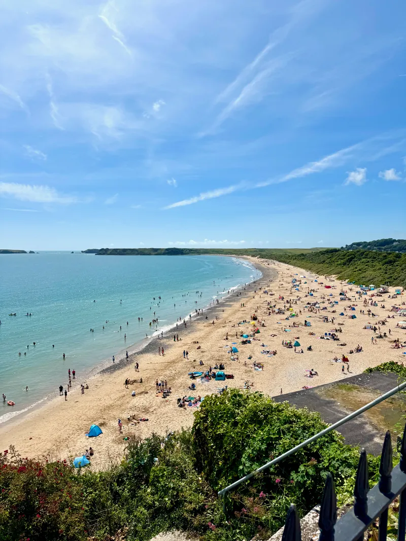 Looking down a very long beach full of people