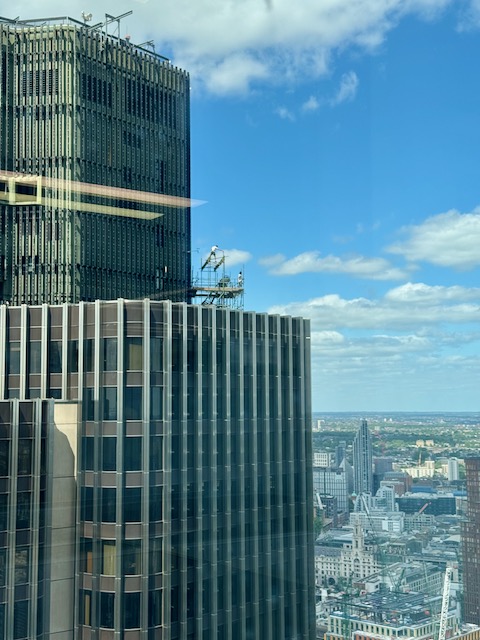 Two men on scaffolding on top of a very tall building. The city of London is in the background.