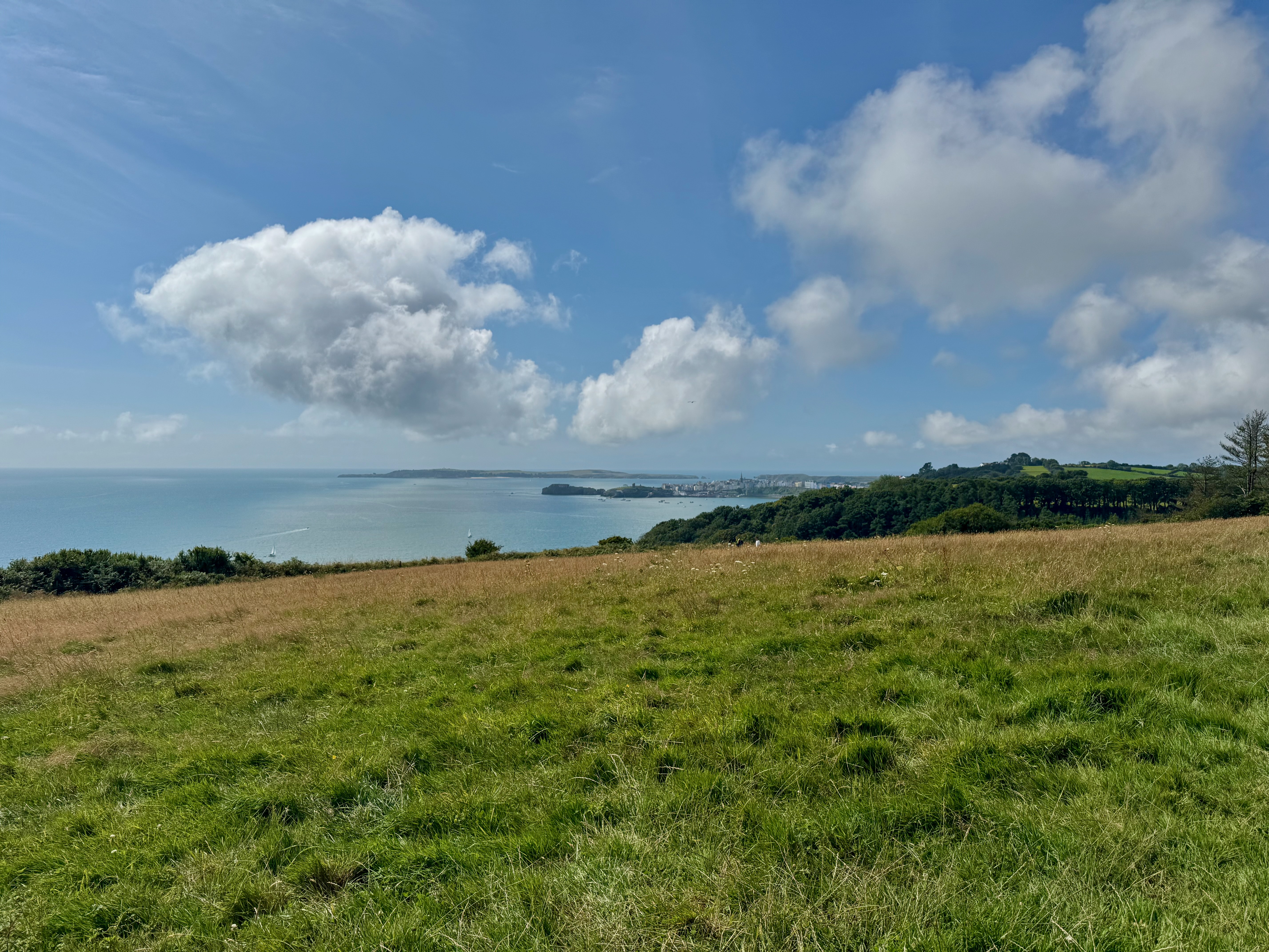 A field in front with the trail along the left and in the distance the land rolls off showing the water and beyond the water is the town of Tenby