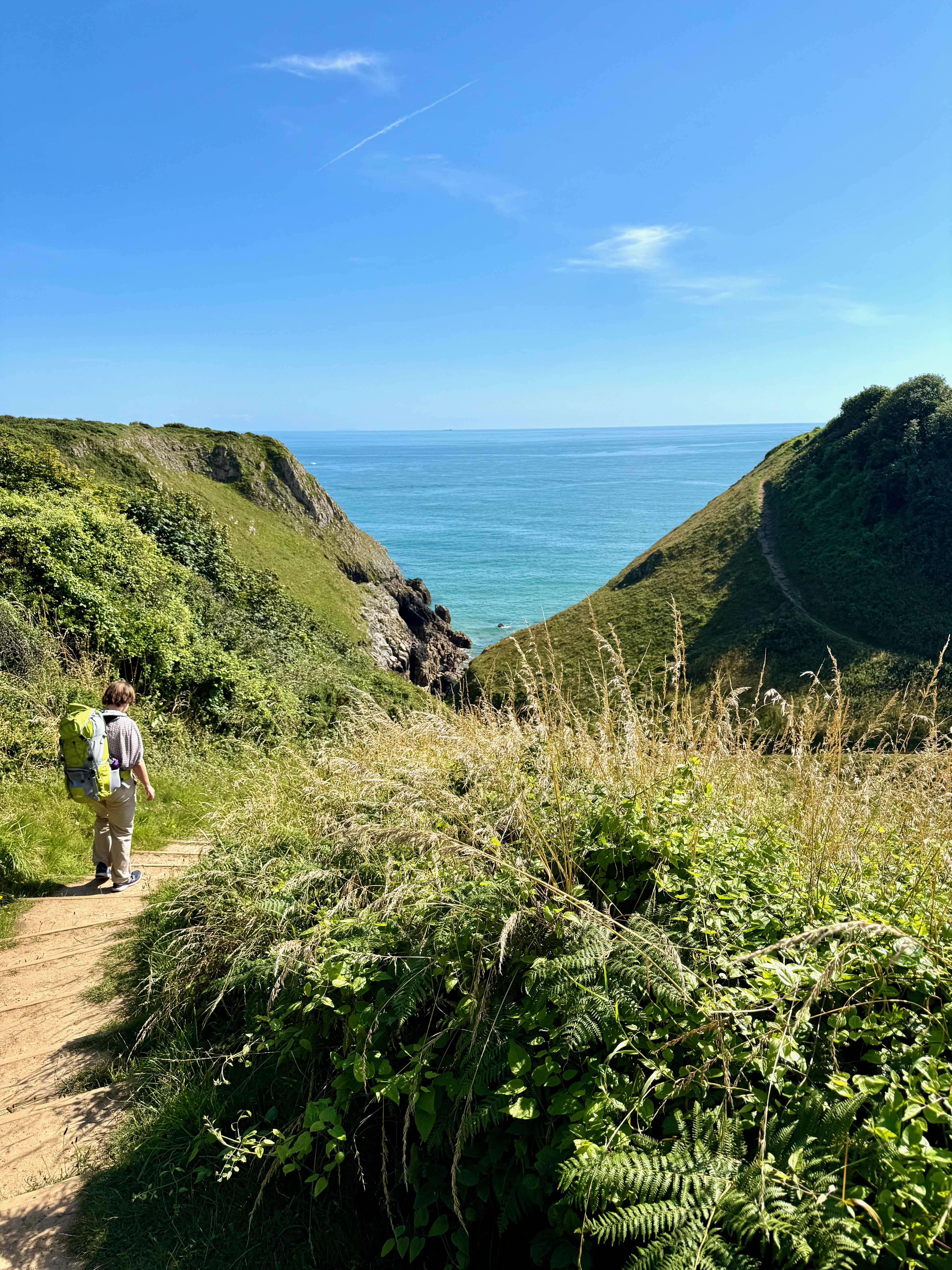 Mary carefully working her way down a steep set of steps down to a ravine. In the distance a path can be seen rising steeply up the other side.