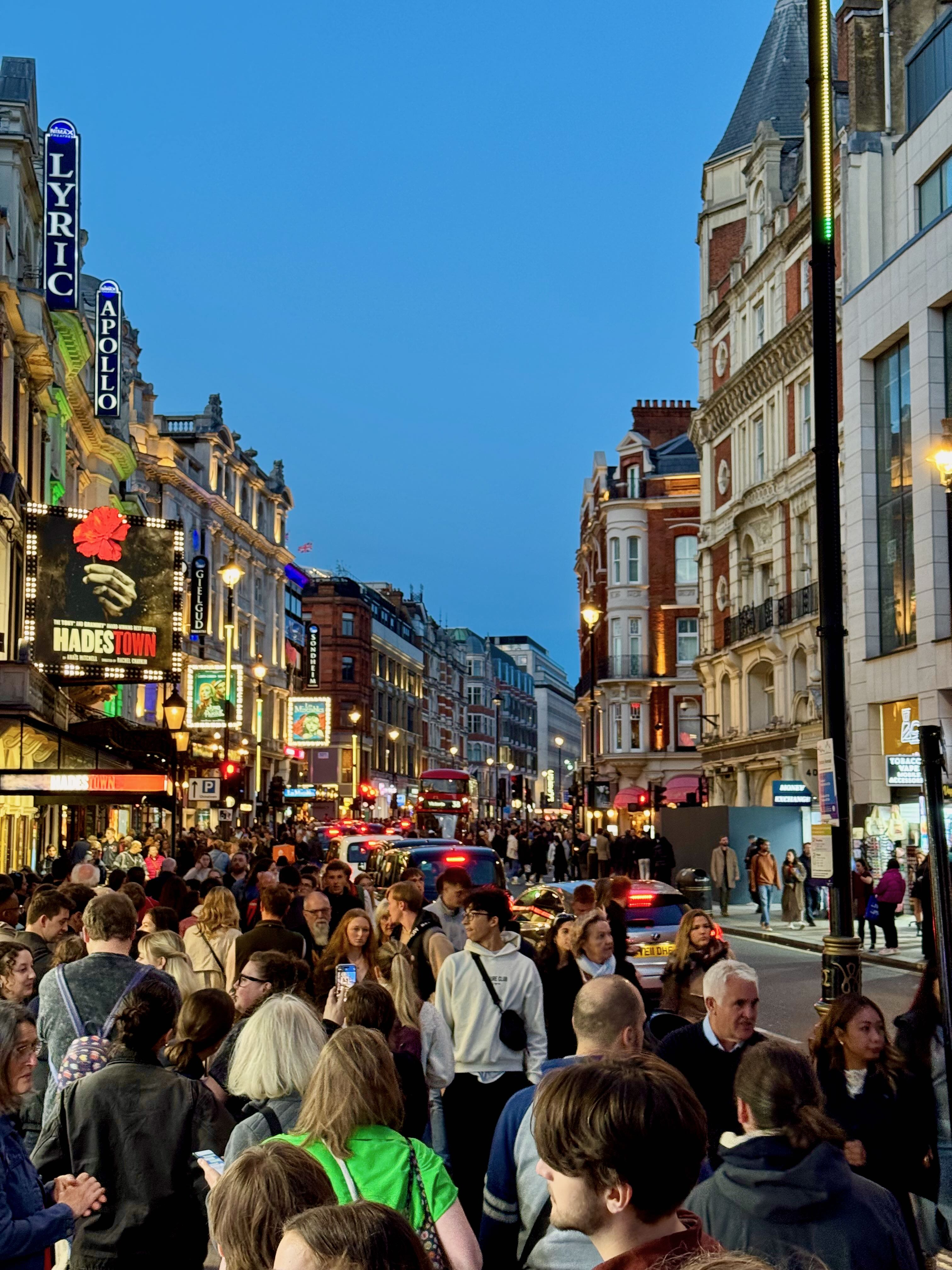 Looking down Shaftesbury Avenue over the crowds of people waiting to be let into the theaters