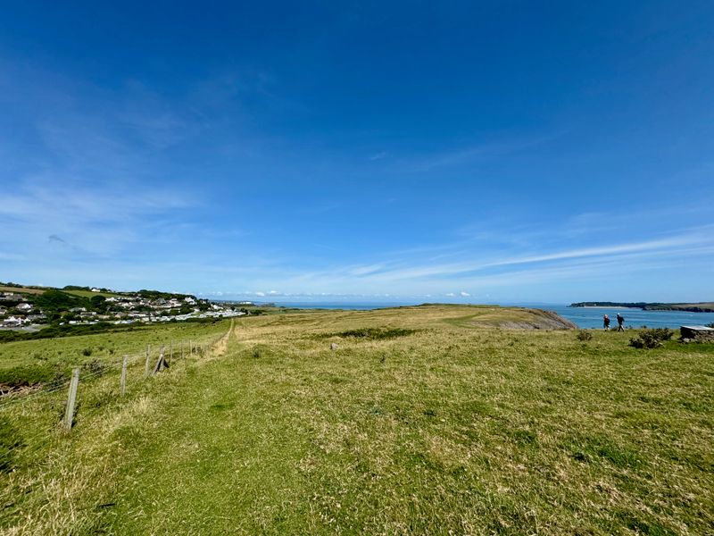 Looking across a pasture with the sea on the right