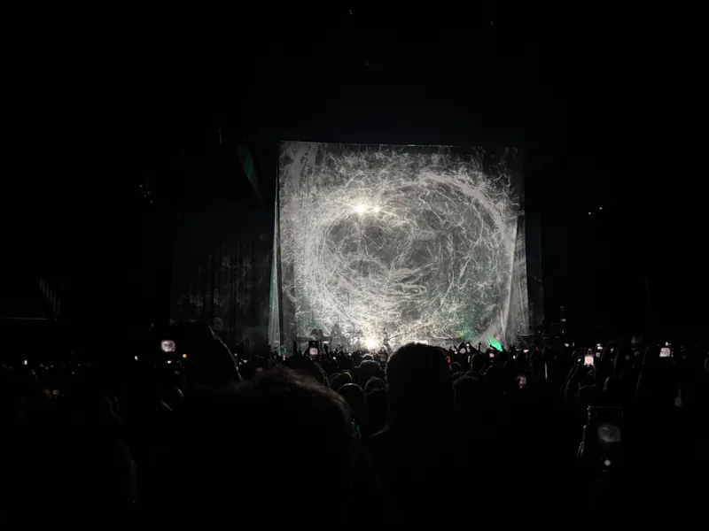 A wider shot of the main stage with an organic web projected onto the stage