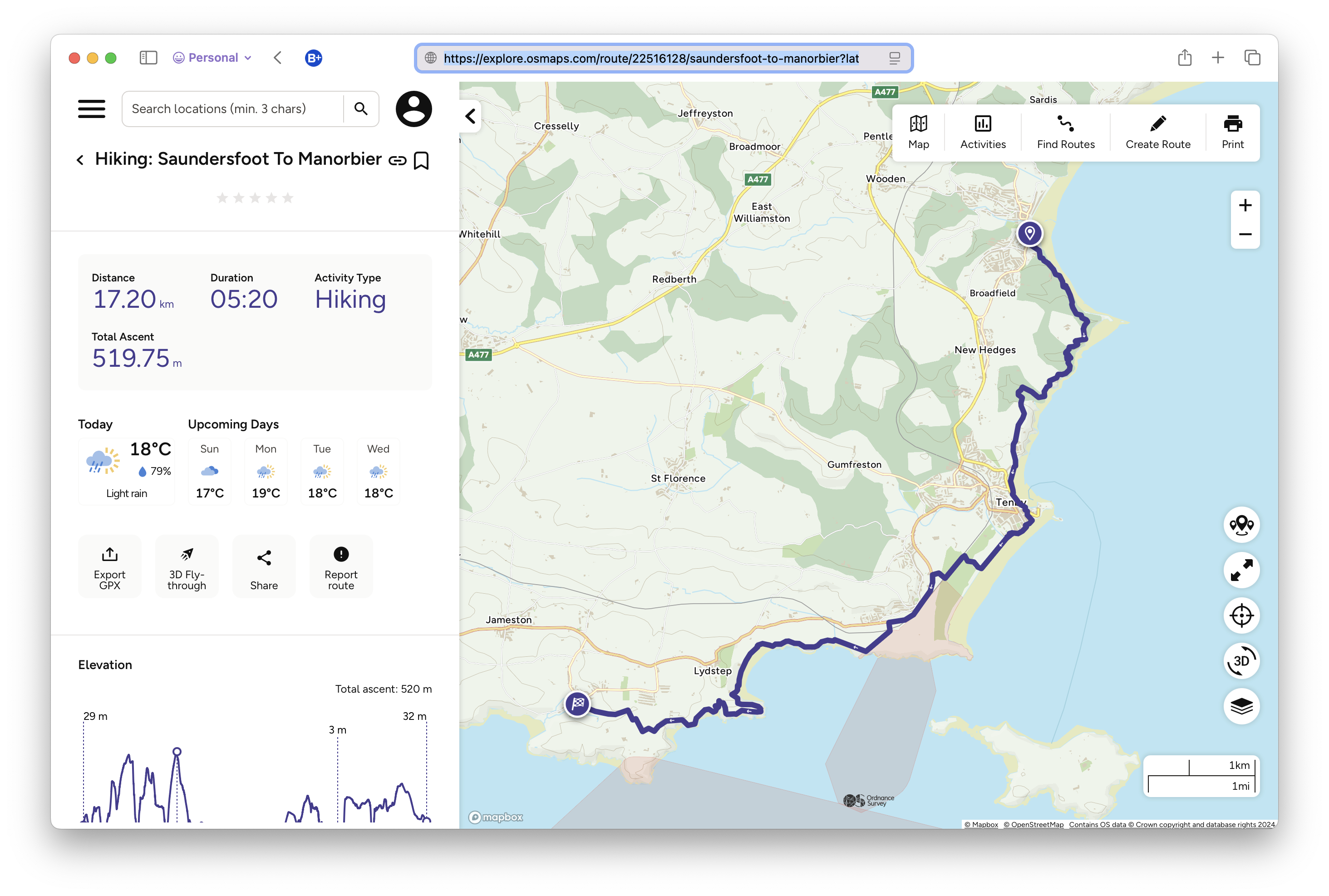 Screenshot of the Oridnance Survey website showing our path from Saundersfoot to Manorbier